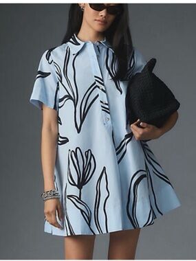 Anthropologie Pollie Short-Sleeve Swing Tunic Mini Dress Blue and Black